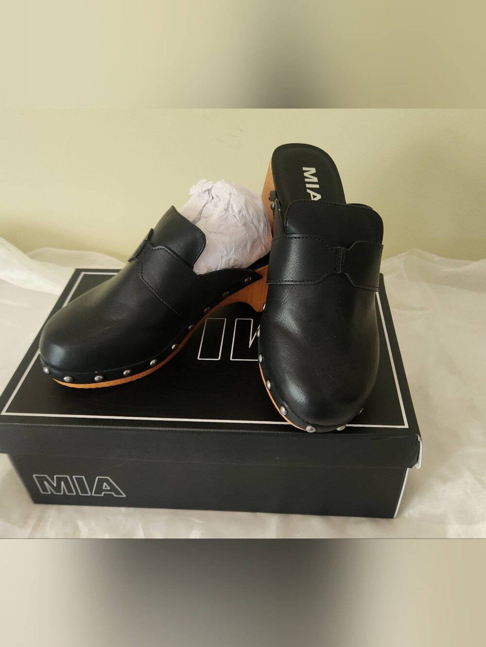 MIA Black  Clog Mules with Wood-Look Platform
